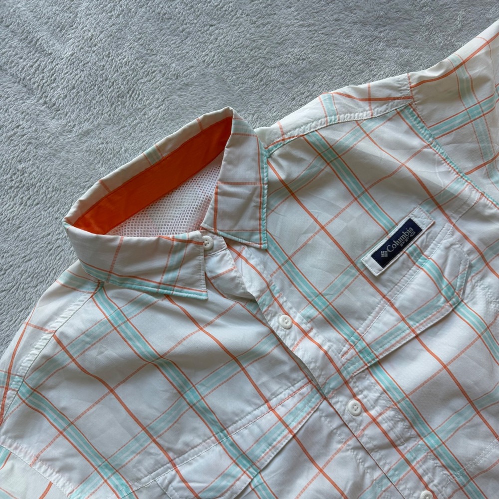 Columbia Fishing Shirt Mens L White Orange PFG Tamiami II Plaid UPF 40 Sun Shirt